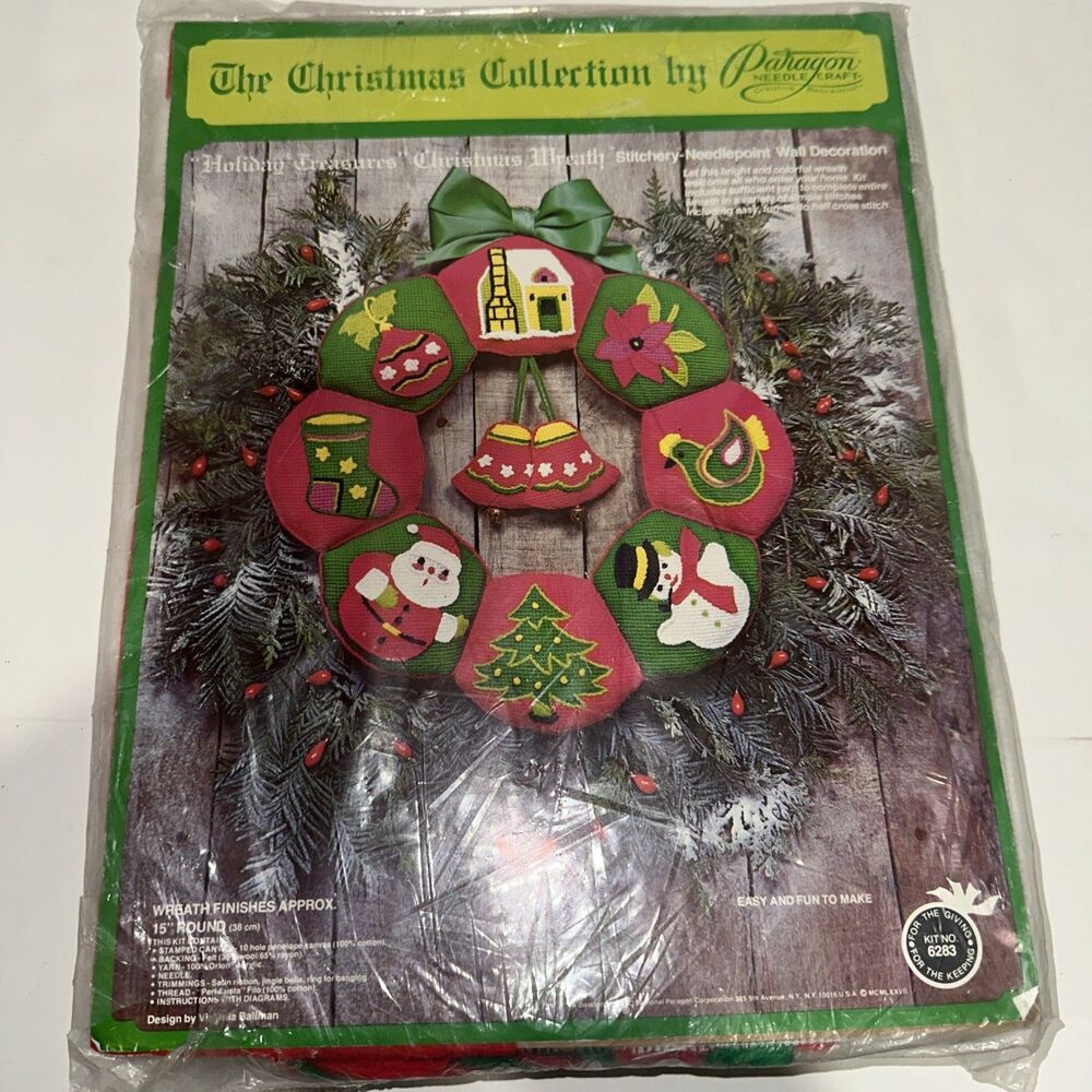 1977 Paragon Christmas Treasures Wreath Needlepoint Kit 15" Bells Tree Santa New